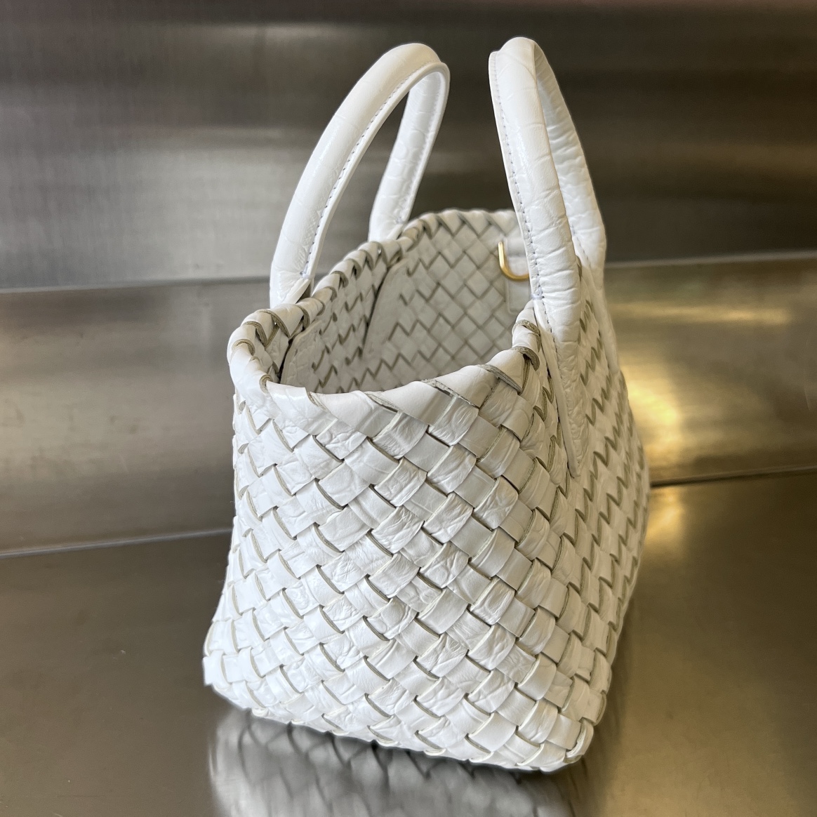 Mini Cabat Intreccio Crocodile Grain Leather Tote White